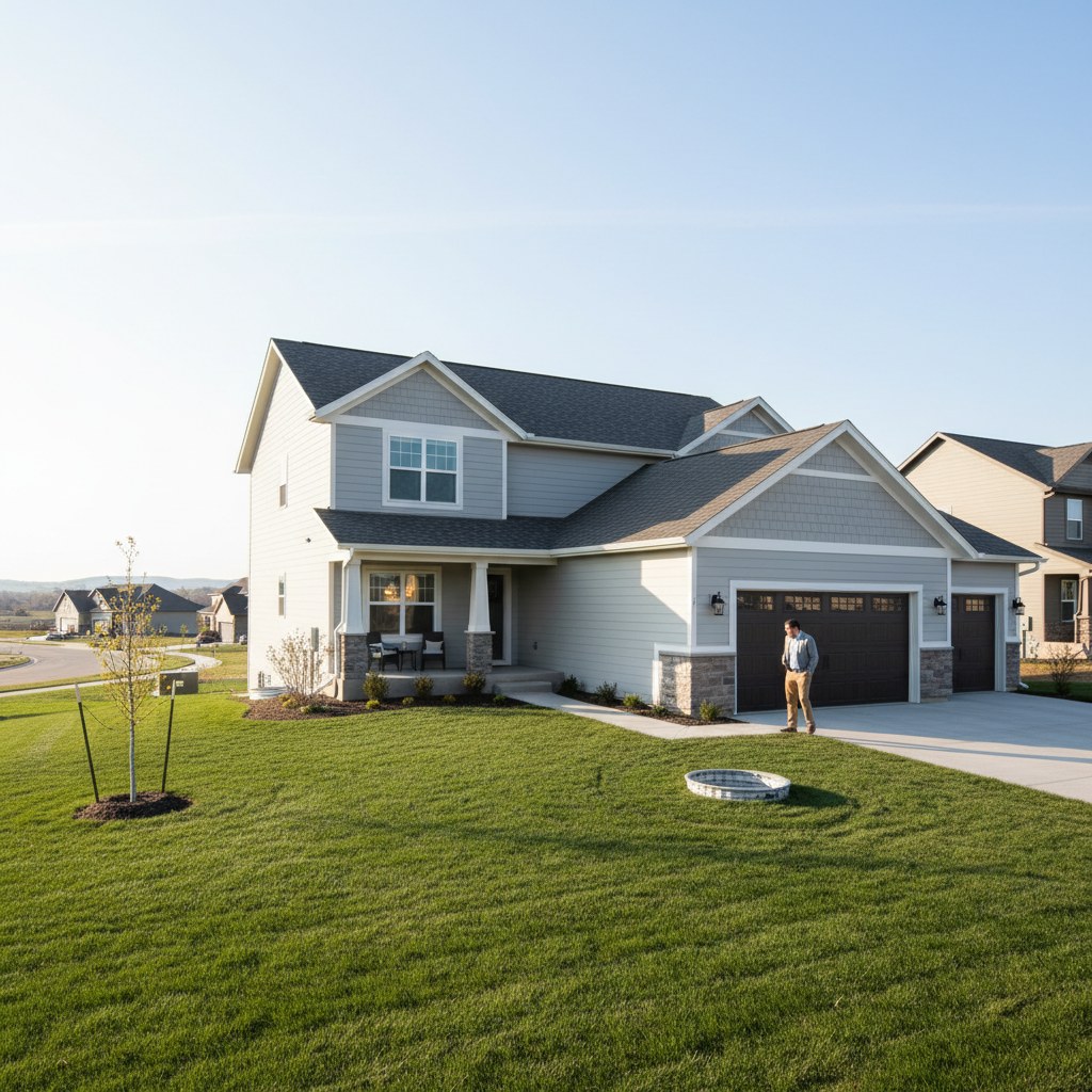 Typical newer suburban Brandon or Harrisburg South Dakota home on a clear spring morning